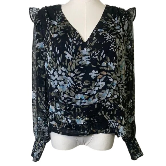 White House Black Market Floral V-Neck Women's Top - Black and Blue. Size 10. - Picture 1 of 11